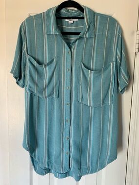 O'Neill Teal & White Vertical Stripe Short Sleeve Button-Up